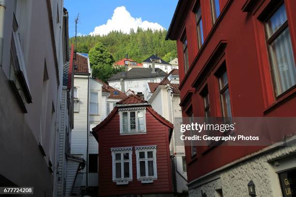 Historic Hanseatic League wooden buildings Bryggen area, Bergen, Norway UNESCO World Cultural Heritage site.