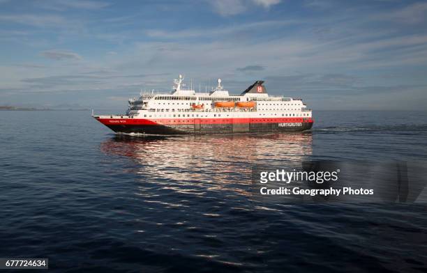 Hurtigruten Coastal Express ferry ship 'Richard With' at sea, Lofoten Islands, Nordland, Norway.