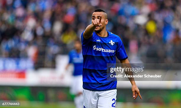 Aenis Ben-Hatira of Darmstadt reacts during the Bundesliga match between SV Darmstadt 98 and VfL Wolfsburg at Stadion am Boellenfalltor on October...