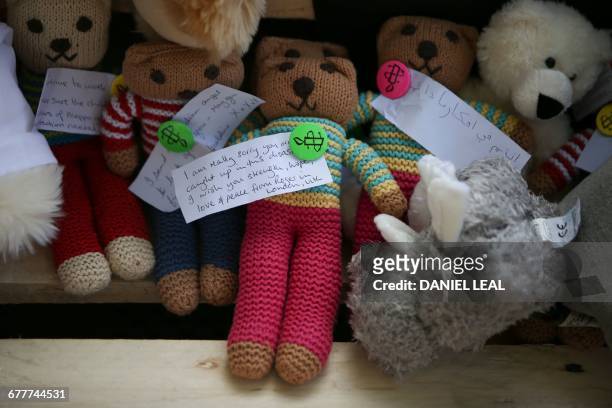 Teddy bears are piled up with messages of support during a protest calling on the British government to take action to protect the children of the...