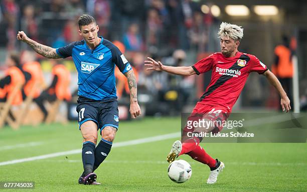 Steven Zuber of Hoffenheim and Kevin Kampl of Leverkusen in action during the Bundesliga match between Bayer 04 Leverkusen and TSG 1899 Hoffenheim at...