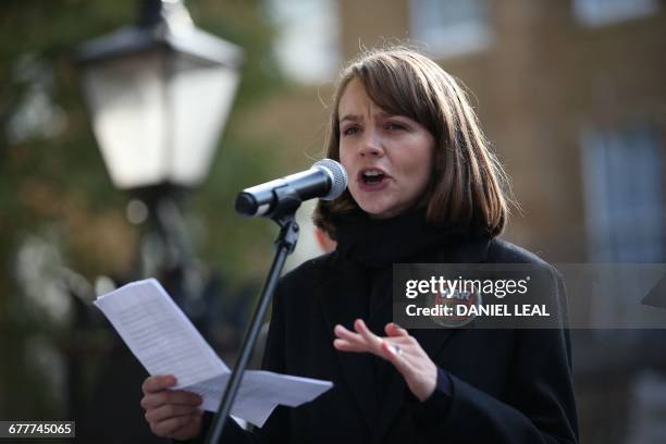 British actress Carey Mulligan speaks during a protest calling on the British government to take action to protect the children of the Syrian city of...