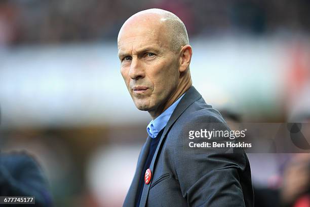 Bob Bradley, Manager of Swansea City looks on during the Premier League match between Swansea City and Watford at the Liberty Stadium on October 22,...
