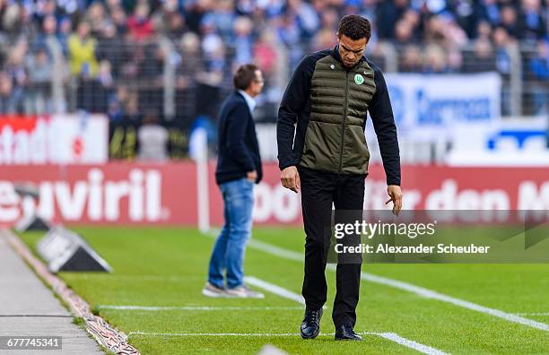 Head coach Valerien Ismael of VfL Wolfsburg reacts during the Bundesliga match between SV Darmstadt 98 and VfL Wolfsburg at Stadion am Boellenfalltor...