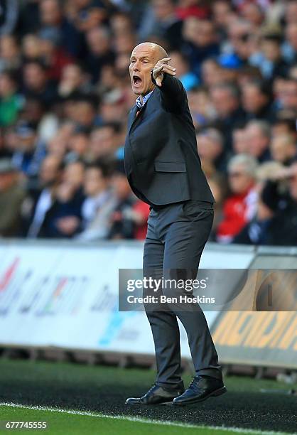 Bob Bradley, Manager of Swansea City gestures during the Premier League match between Swansea City and Watford at the Liberty Stadium on October 22,...