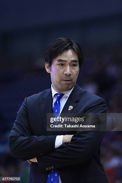 Head coach Taketo Aoki of the Yokohama B-Corsairs looks on during the B. League match between Yokohama B-Corsairs and Niigata Albirex BB at the...