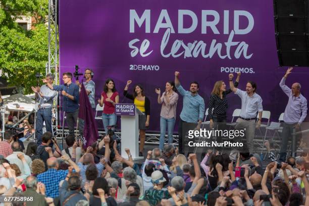 Left-wing party Podemos leaders Pablo Iglesias, Irene Montero, Iñigo Errejón take part a public act 'Madrid se levanta' to promote a vote of...
