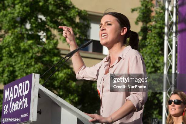Left-wing party Podemos spokeswoman in the Congress of Deputies, Irene Montero takes part a public act 'Madrid se levanta' to promote a vote of...