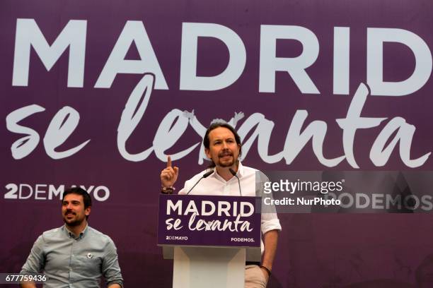 Left-wing party Podemos leader Pablo Iglesias speaks during a public act 'Madrid se levanta' to promote a vote of no-confidence against the prime...