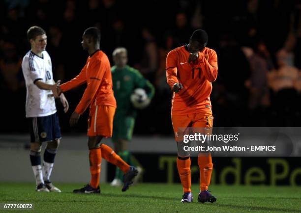 Netherlands' Genero Zeefuik walks off dejected at the end of the match after the goalless draw