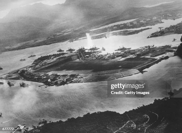 Ford Island is seen in this aeriel view during the Japanese attack on Pearl harbor December 7, 1941 in Hawaii. The photo was taken from a Japanese...