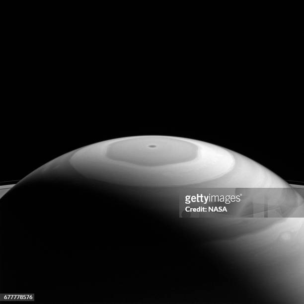 In this handout image provided by the National Aeronautics and Space Administration , A view of Saturn's north polar region looking toward the sunlit...