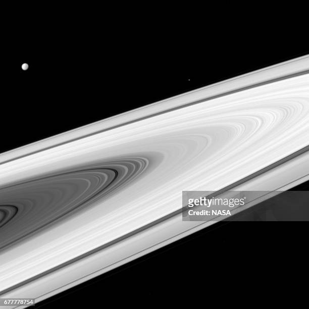 In this handout image provided by the National Aeronautics and Space Administration , Dione and Epimetheus are seen above the sunlit side of the...