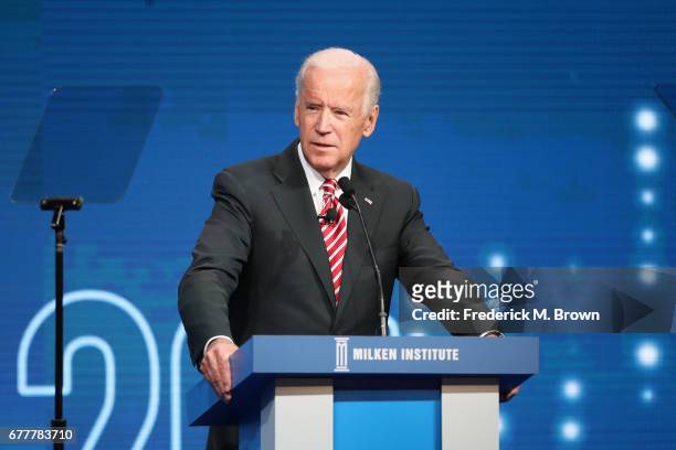Former U.S. Vice President Joe Biden speak during the Milken Institute Global Conference 2017 at The Beverly Hilton Hotel on May 3, 2017 in Beverly...