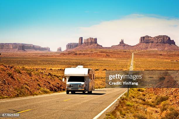 rv camper road trip at monument valley tribal park landscape - camper van stock pictures, royalty-free photos & images