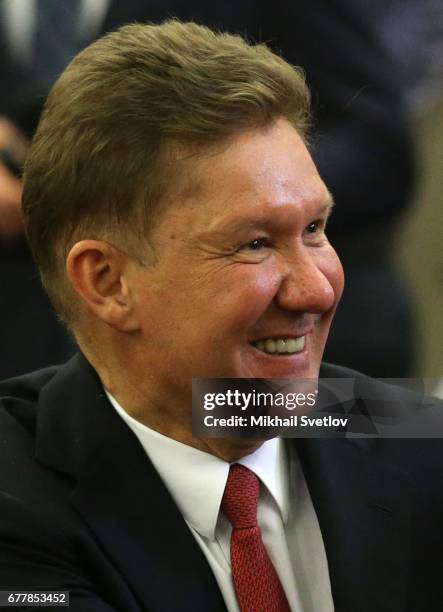 Gazprom's CEO Alexei Miller smiles during Rusian-Turkish meeting at Bocharov ruchey state residence at Black Sea resort of Sochi, Russia, May 2017....