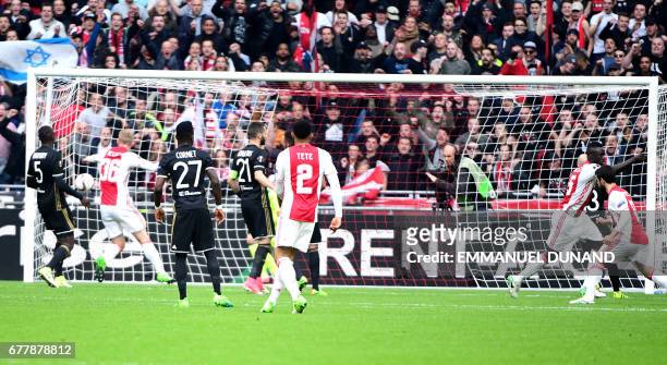 Ajax players react after the opening goal by Ajax defender Davinson Sánchez during UEFA Europa League semi-final, first leg, Ajax Amsterdam v...