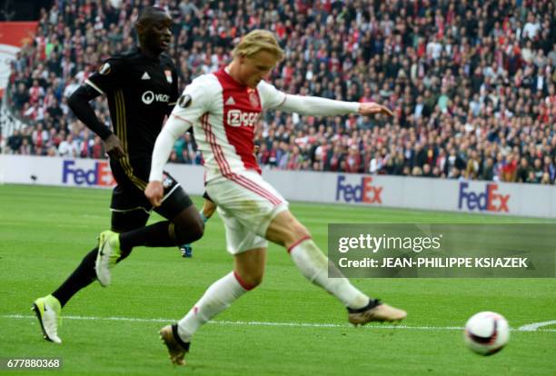 Ajax forward Kasper Dolberg scores a goal during UEFA Europa League semi-final, first leg, Ajax Amsterdam v Olympique Lyonnais on May 3, 2017 in...