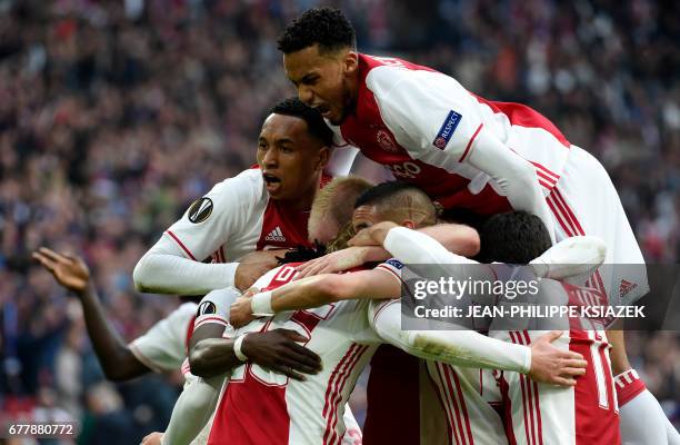Ajax forward Kasper Dolberg celebrates after scoring a goal during UEFA Europa League semi-final, first leg, Ajax Amsterdam v Olympique Lyonnais on...