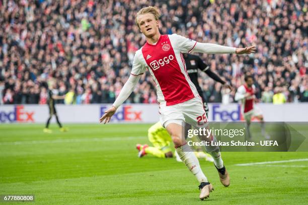 Kasper Dolberg of Amsterdam celebrates his teams second goal during the Uefa Europa League, semi final first leg match, between Ajax Amsterdam and...