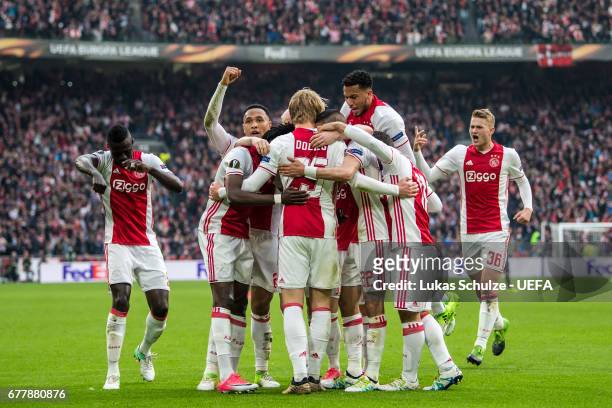 Players of Amsterdam celebrate their teams second goal during the Uefa Europa League, semi final first leg match, between Ajax Amsterdam and...