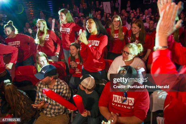 Members of the Vinalhaven girls basketball team celebrate their Team of the Year award at the Varsity Maine awards at USM in Gorham on Tuesday, May...