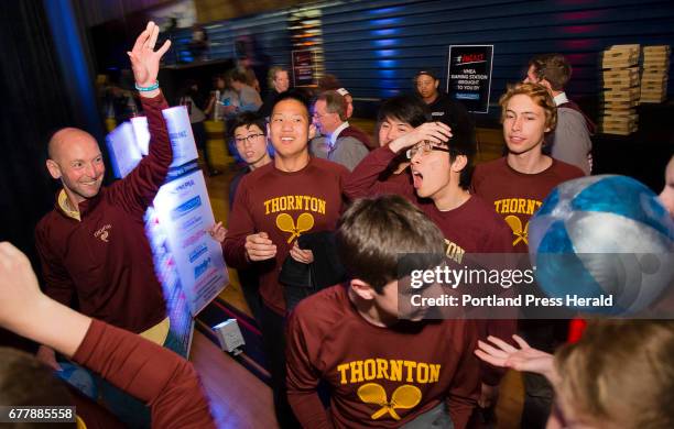 Members of the Thornton Academy tennis team have a little fn with a beach ball before the Varsity Maine awards at USM in Gorham on Tuesday, May 2,...