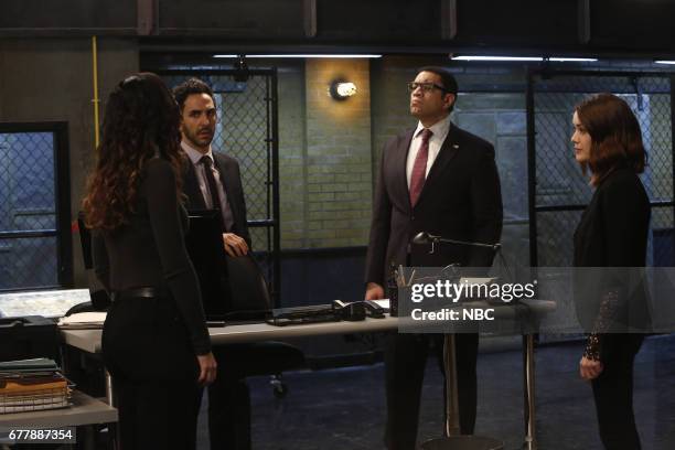 The Debt Collector" Episode 420 -- Pictured: Amir Arison as Aram Mojtabai, Harry Lennix as Harold Cooper, Megan Boone as Elizabeth "Liz" Keen --