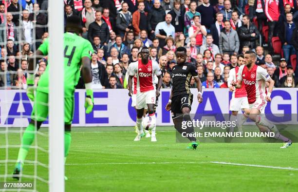 Ajax defender Davinson Sánchez scores during UEFA Europa League semi-final, first leg, Ajax Amsterdam v Olympique Lyonnais on May 3, 2017 in...