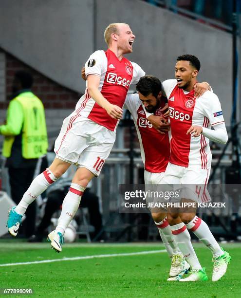 Ajax players celebarte after the third goal during UEFA Europa League semi-final, first leg, Ajax Amsterdam v Olympique Lyonnais on May 3, 2017 in...