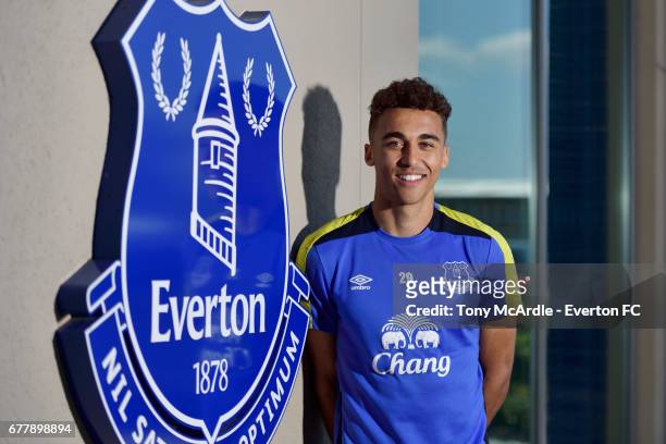 Dominic Calvert-Lewin poses for a photo after signing a new contract with Everton FC at USM Finch Farm on MAY 3, 2017 in Halewood, England.