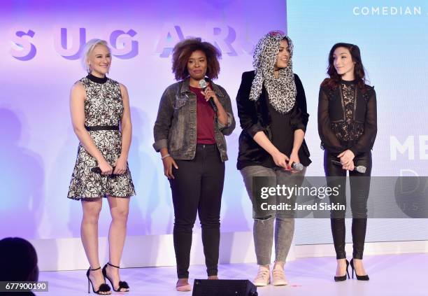 Lindsay Miller, Akilah Hughes, Amani Al-Khatahtbeh and Meryl Davis speak on stage during the POPSUGAR 2017 Digital NewFront at Industria Studios on...