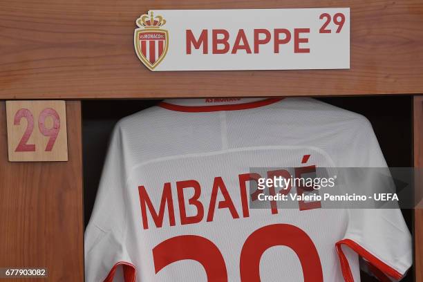 The Shirt of Kylian Mbappe of AS Monaco FC in the dressing room of AS Monaco FC prior to the UEFA Champions League Semi Final first leg match between...