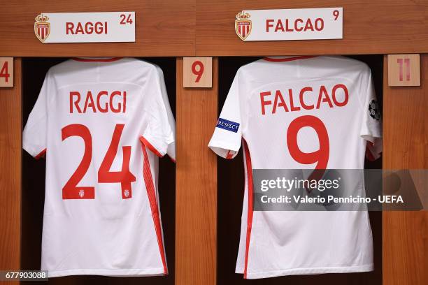 The Shirts of Andrea Raggi and Radamel Falcao of AS Monaco FC in the dressing room of AS Monaco FC prior to the UEFA Champions League Semi Final...