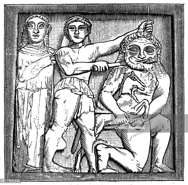 temple c at selinus, two metopes - selinunte stock illustrations