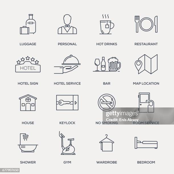 hotel-dienstleistungen-icon-set - line serie - rauchverbotsschild stock-grafiken, -clipart, -cartoons und -symbole