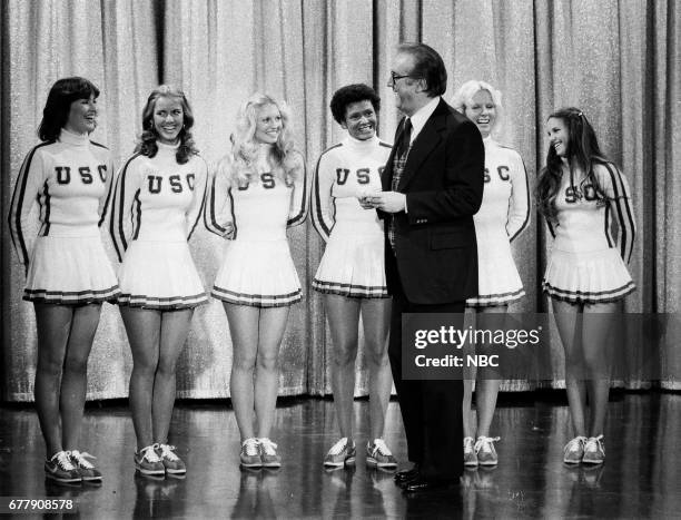 Pictured: The 1976 cheerleaders from the University of Southern California after a performance with Guest Host Steve Allen on December 27th, 1976--