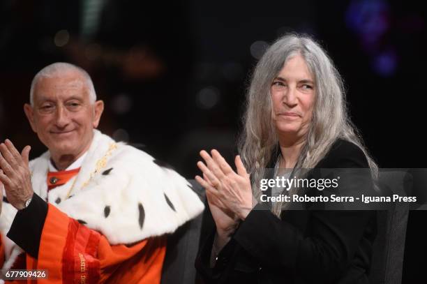 American musician and authoress Patti Smith receives an honorary degree in Literature of Parma's University to at Auditorium Paganini on May 3, 2017...