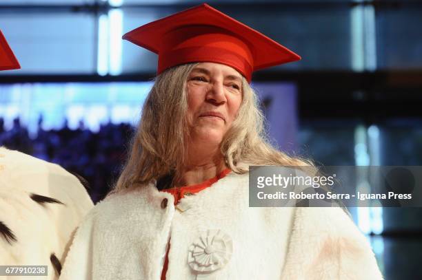 American musician and authoress Patti Smith receives an honorary degree in Literature of Parma's University to at Auditorium Paganini on May 3, 2017...