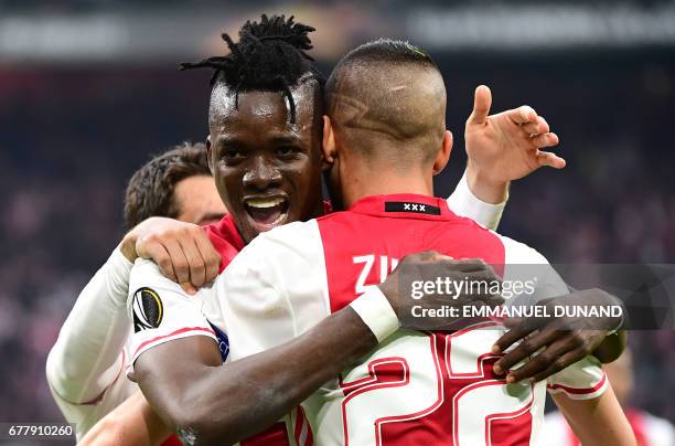 Ajax forward Bertrand Traoré reacts after fourth goal during UEFA Europa League semi-final, first leg, Ajax Amsterdam v Olympique Lyonnais on May 3,...