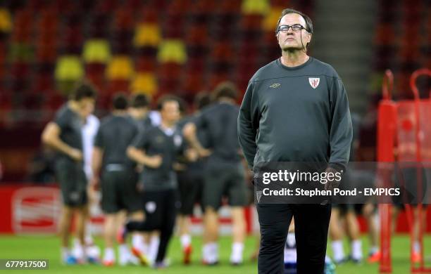 Athletic Bilbao manager Marcelo Bielsa during his side's training session at the National Arena in Bucharest, Romania