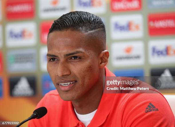 Antonio Valencia of Manchester United speaks during a press conference at Estadio Balaidos on May 3, 2017 in Vigo, Spain.