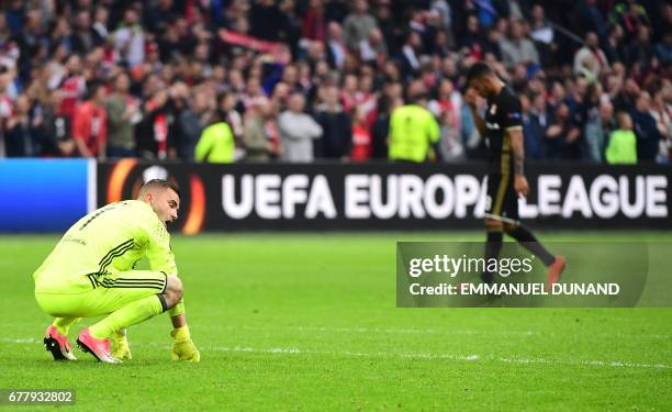 Lyon's Portuguese goalkeeper Anthony Lopes reacts after the UEFA Europa League semi-final, first leg, Ajax Amsterdam v Olympique Lyonnais on May 3,...