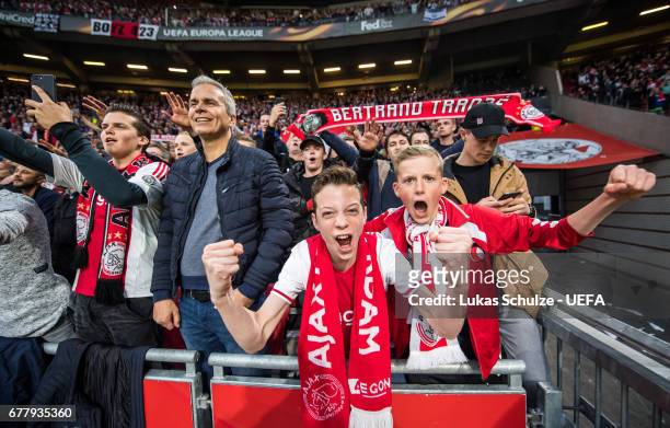 Fans of Amsterdam celebrate their victory after the Uefa Europa League, semi final first leg match, between Ajax Amsterdam and Olympique Lyonnais at...