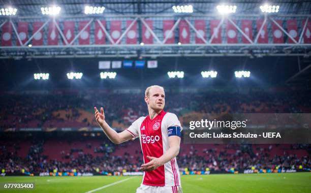 Davy Klaassen of Amsterdam reacts after winning the Uefa Europa League, semi final first leg match, between Ajax Amsterdam and Olympique Lyonnais at...