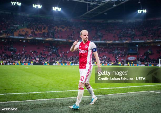 Davy Klaassen of Amsterdam reacts after winning the Uefa Europa League, semi final first leg match, between Ajax Amsterdam and Olympique Lyonnais at...