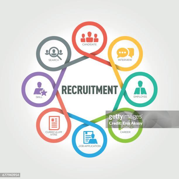 recruitment infographic with 8 steps, parts, options - candidate selection stock illustrations