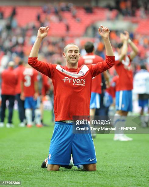 York City's winning goal scorer, Matty Blair, celebrates winning The Blue Square Bet premier Division Promotion Final at the end of the match