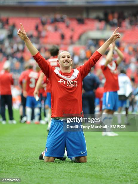 York City's winning goal scorer, Matty Blair, celebrates winning The Blue Square Bet premier Division Promotion Final at the end of the match