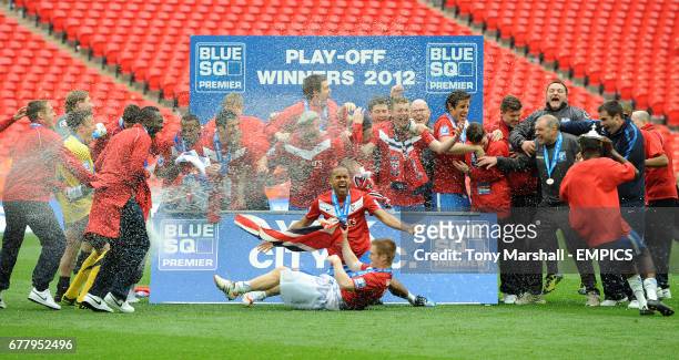 York City's players celebrate winning The Blue Square Bet premier Division Promotion Final with the trophy